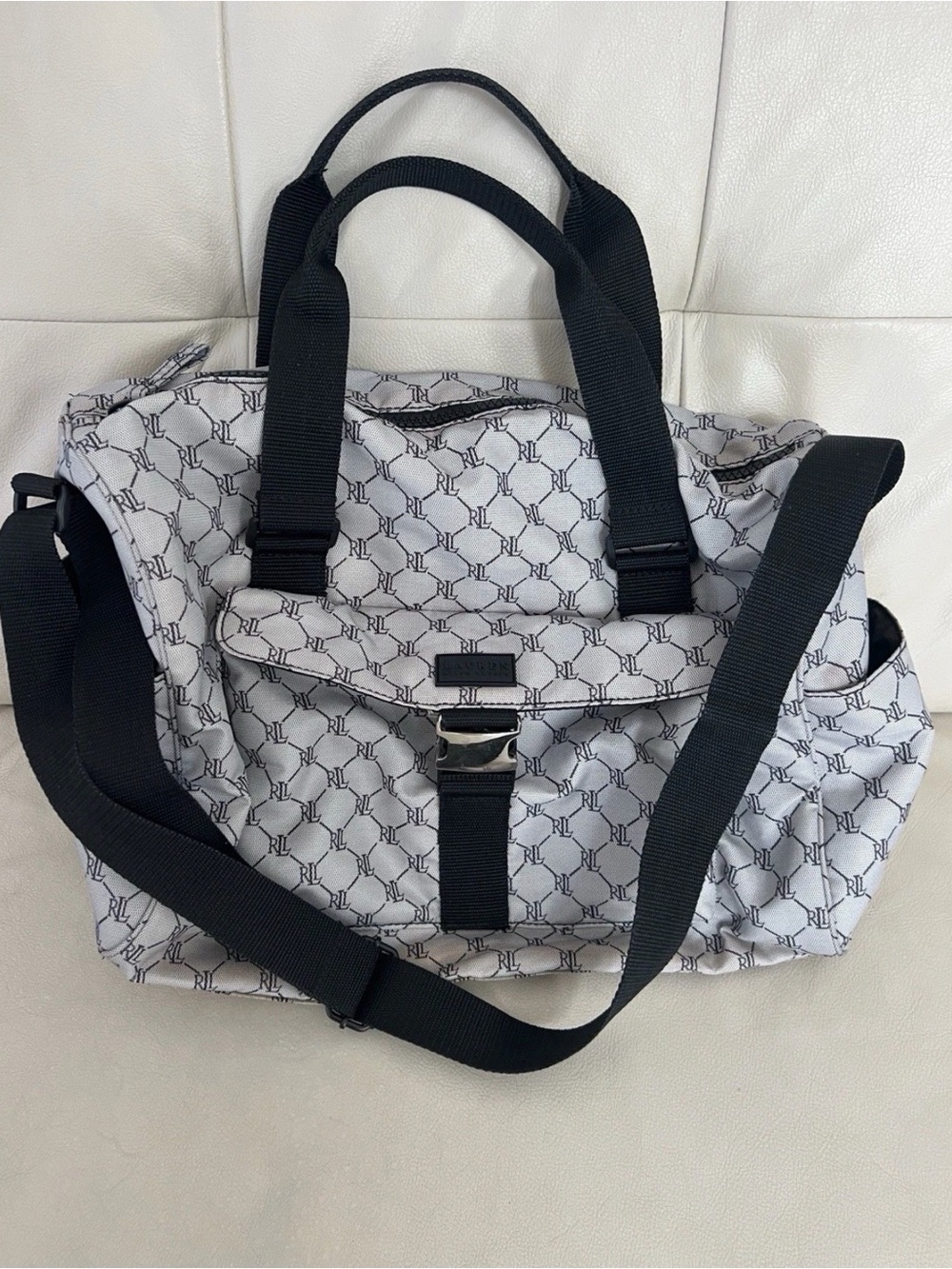 Lauren Ralph Lauren Grey Logo Buckle Accent Zipper Large Weekender Travel Bag